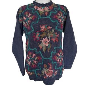 Vintage Floral Chunky Knit Sweater Blue Multi Crystal Kobe Size M Cotton Ramie